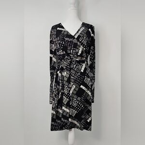 Lark & Ro Faux‎ Wrap  Geometric Print Black & Cream Dress Classic Business Work